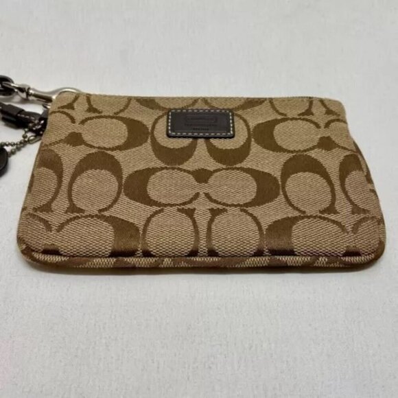 Coach Signature Wristlet Coin Wallet Khaki Canvas Brown Leather Trim EUC - Picture 3 of 13